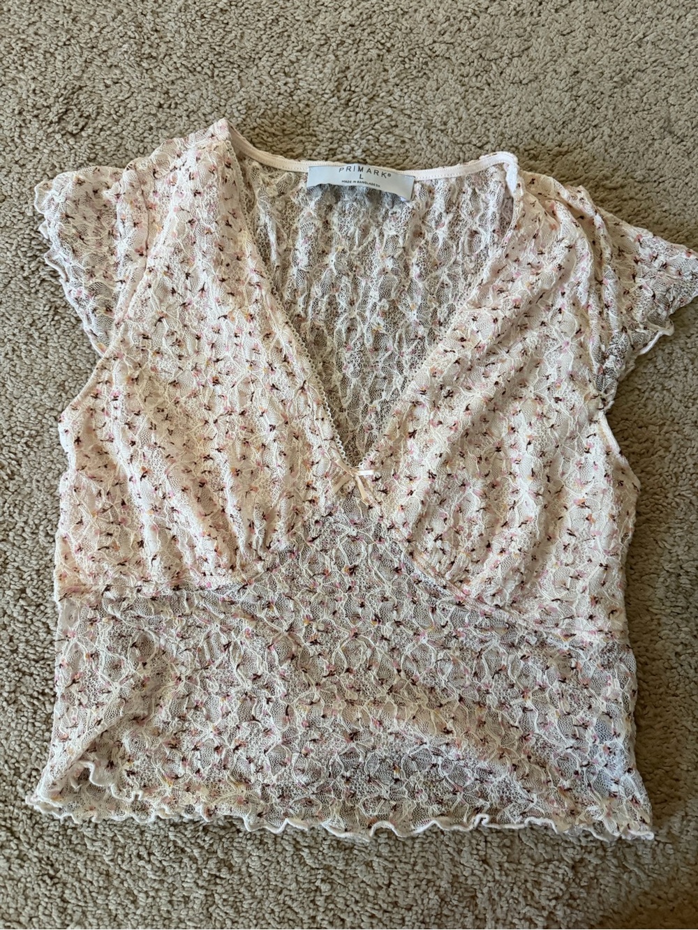 Primark Sheer Lace V-Neck Blouse in Pale Pink with Fleck Detail
